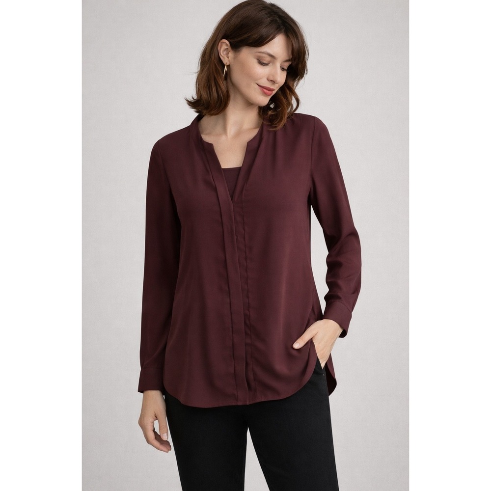 Ann Taylor Split Neck Long Sleeve Blouse Burgundy Merlot Size S Office Business‎